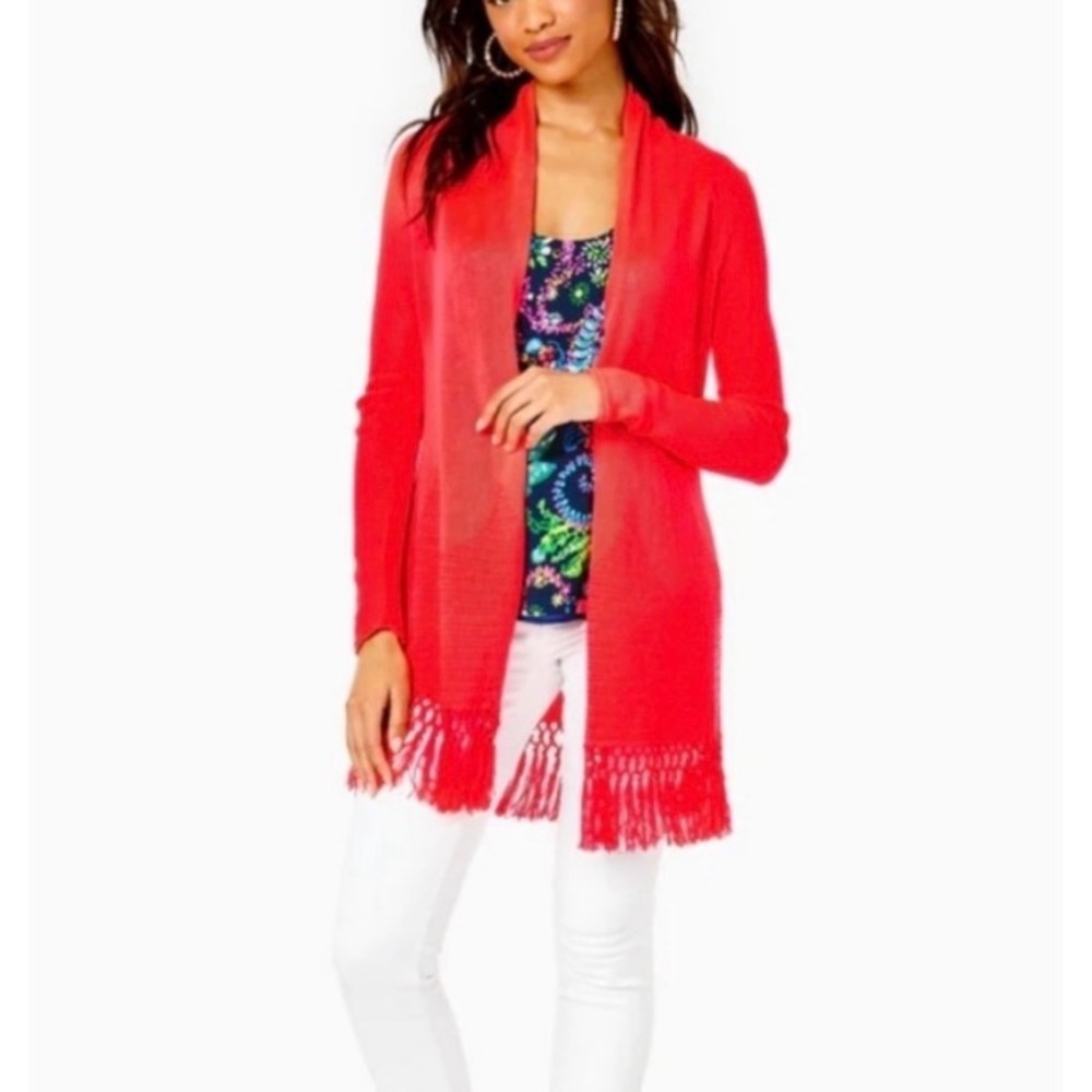 Lilly Pulitzer Tatum XL Coral Red Metallic Knit Fringe Hem Open Front Cardigan